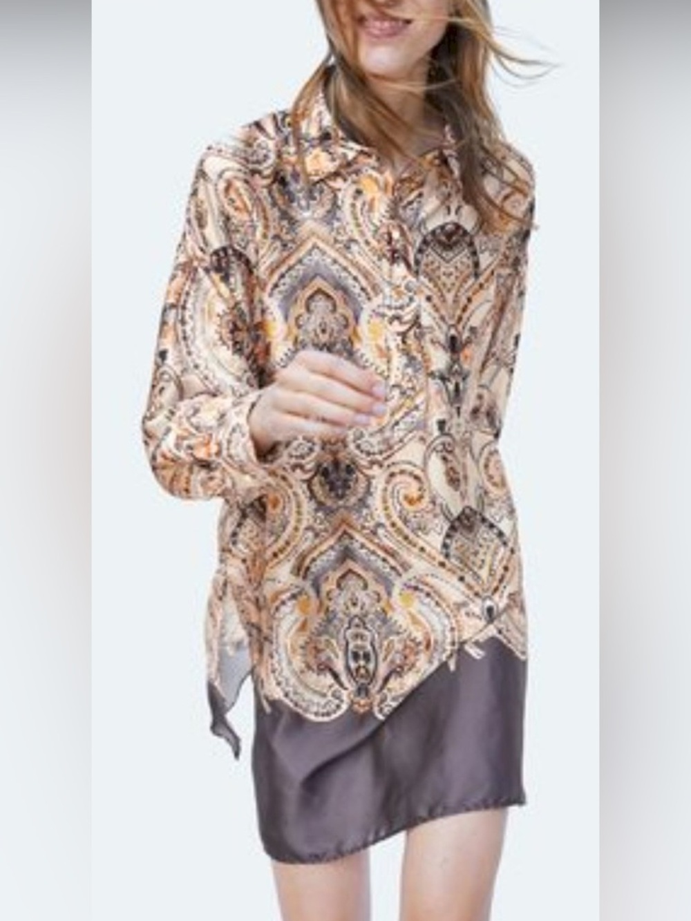 FLAW Zara Basic Paisley‎ Print Tunic Shirt Dress Satin Long Sleeve XS